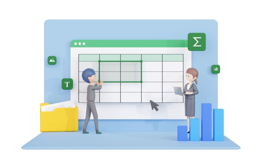 Excelを操作するビジネスパーソンのイメージイラスト
