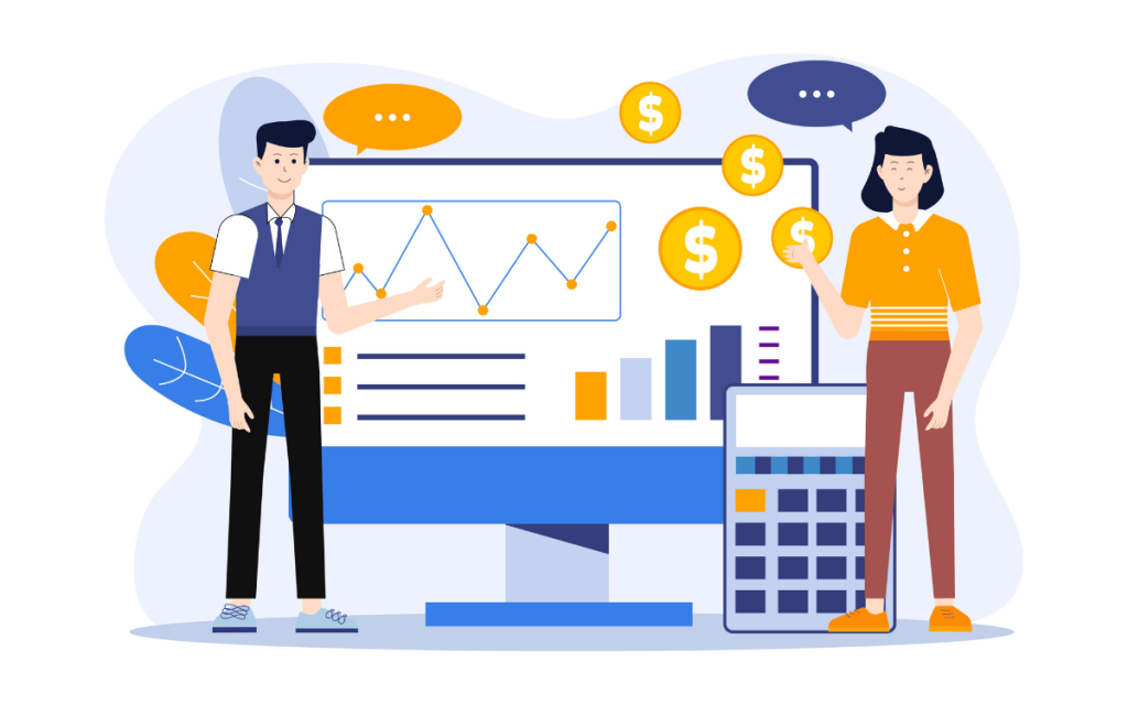折れ線や棒グラフ、お金や電卓とビジネスパーソンのイメージイラスト