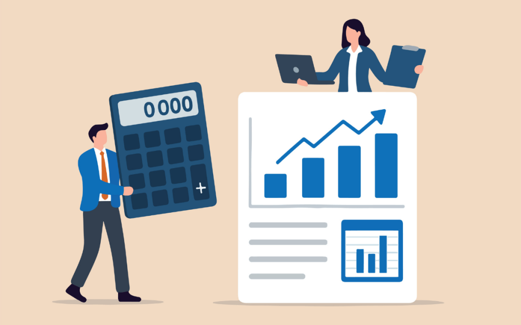 グラフと電卓とビジネスパーソンのイラスト