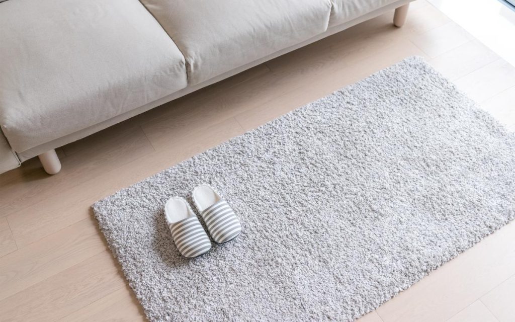 リビングに敷かれたカーペットとスリッパの写真