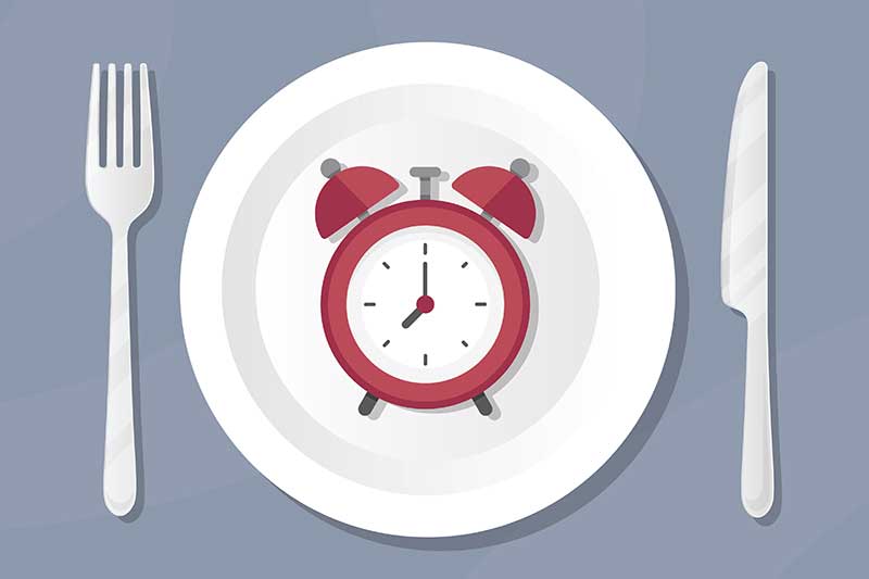 皿にのせられた時計と、添えられたナイフ・フォークのイラスト