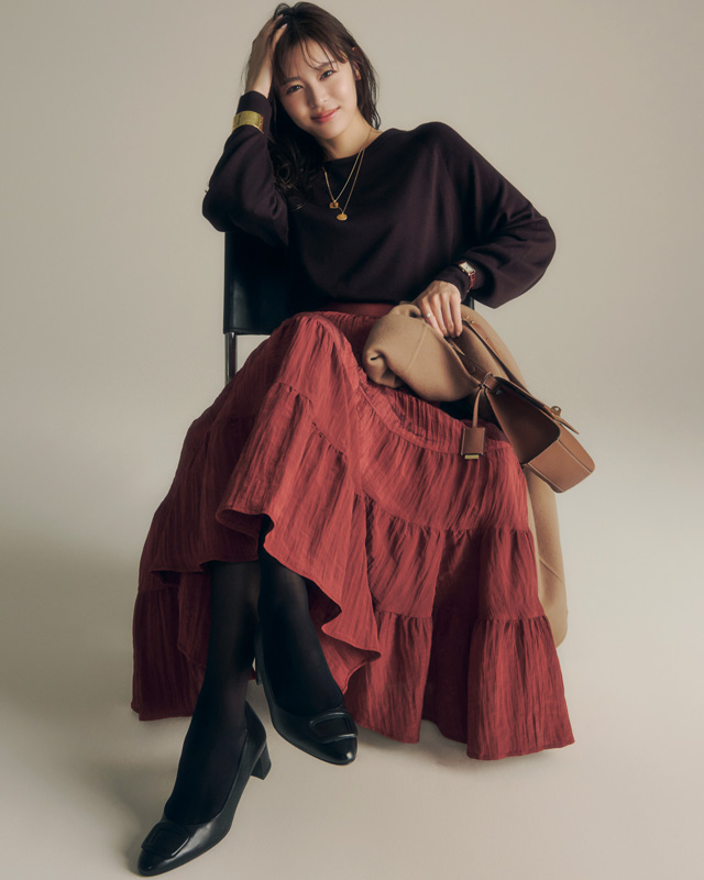 ブラウンニット×ティアードスカート