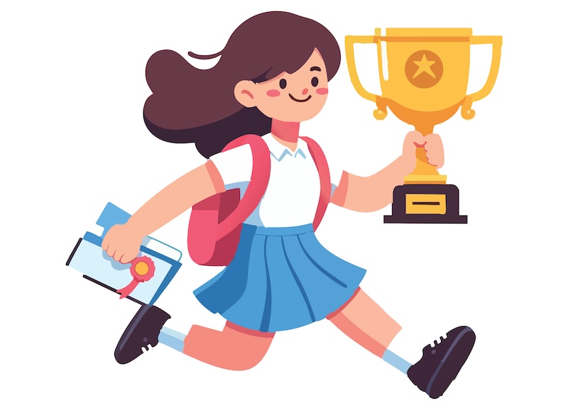 トロフィーを持って歩いている子どものイラスト