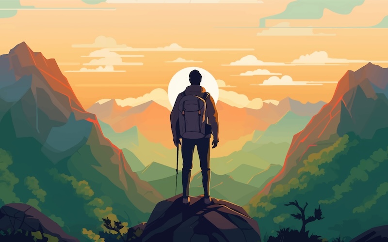 山頂から夕景を眺めている人の後ろ姿のイラスト