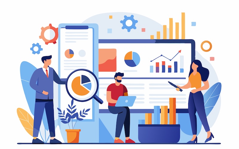 グラフなどの資料を用いて会議している人々のイラスト