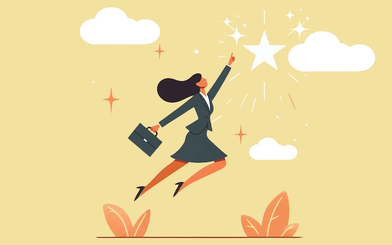 空の星に向かってジャンプしているビジネスパーソンのイラスト