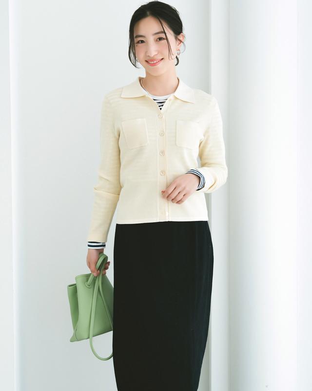 ポロニット×ボーダーカットソー×黒タイトスカート