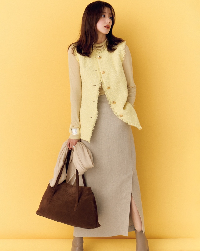 ツイードジレ×シアーカットソー×スリットスカート