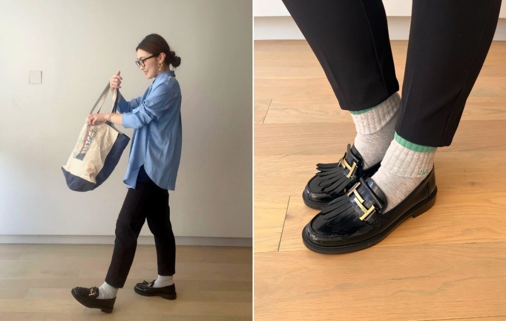 靴下を履いたシャツ×黒パンツ×黒ローファーコーデの菱沼さんの写真と足元のアップ写真