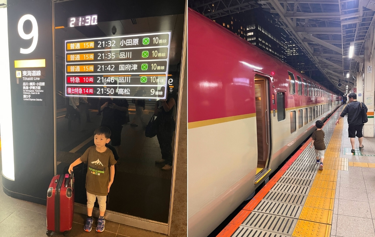 9番線の前で撮影した写真と停車中のサンライズの横を歩く息子さんの写真