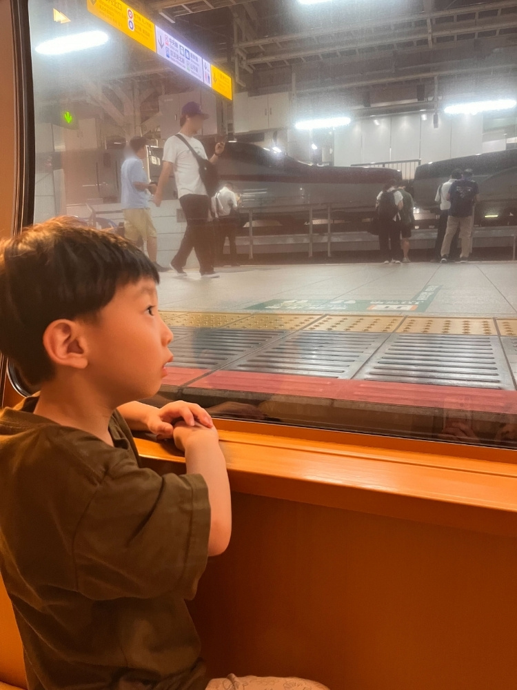 停車中の車窓から外を眺める息子さんの写真