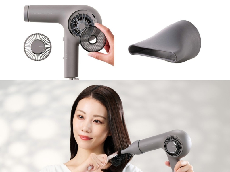 ブローフードとファンの写真と、ブローフードを装着してブローしている女性の写真を並べた画像