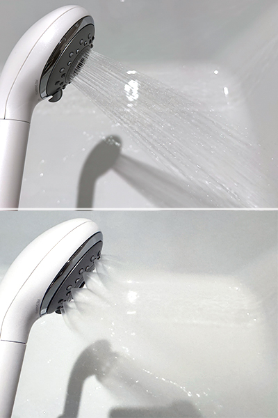 パナソニックのシャワーヘッド　ボディケアモードとミストモードの水流写真