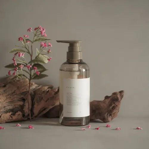 ピンクの植物とボディソープのボトル