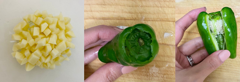 さいの目切りのじゃがいもと、ピーマンの種を取り除く作業
