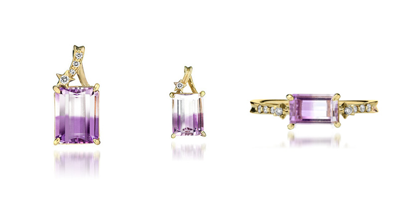 K10YGバイカラーアメシスト×ダイヤモンドチャーム￥82,500・￥60,500、リング￥121,000