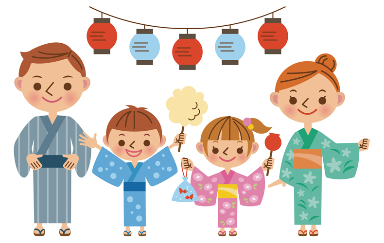縁日に行く親子4人のイラスト