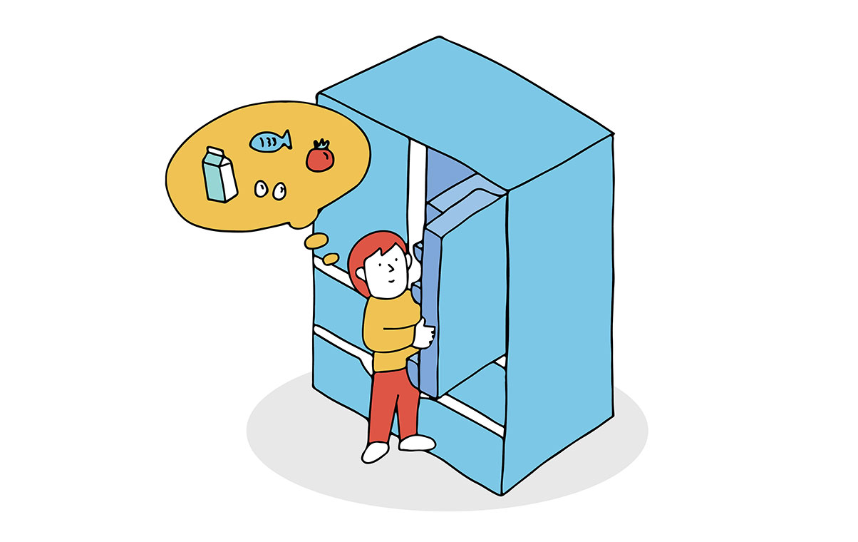 冷蔵庫の中を覗きながらその日の献立を考える人のイラスト