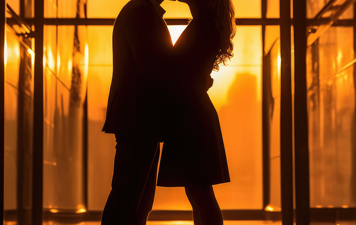 オフィスで夕日をバックにキスをする男性と女性