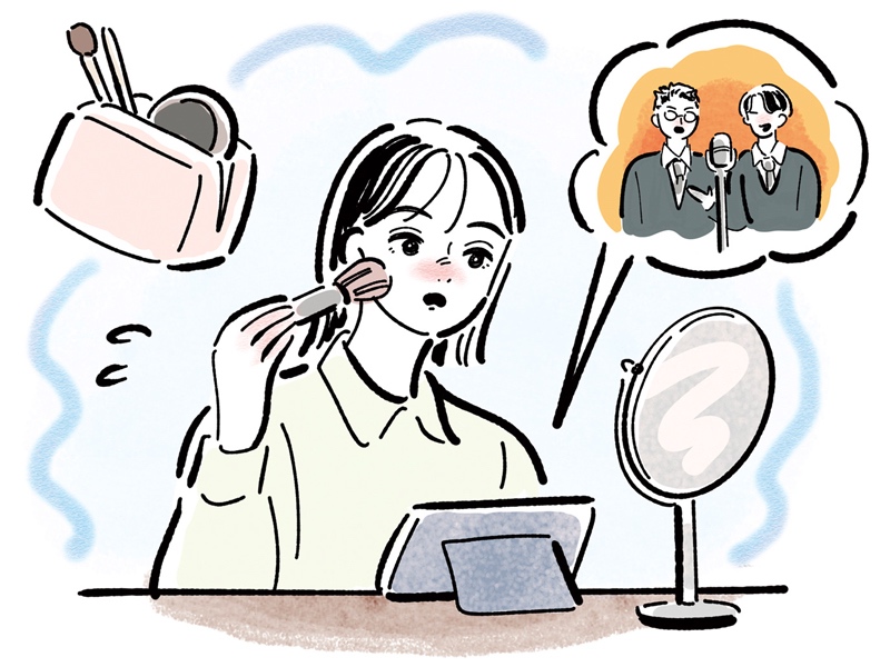 メイク中に動画を見る　イラスト