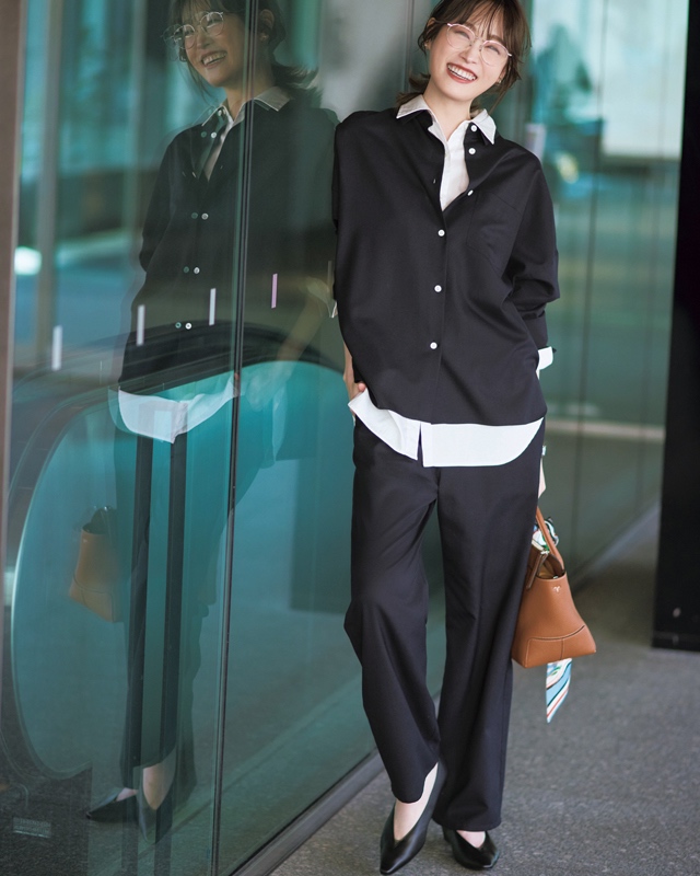 襟付きシャツセットアップコーデ