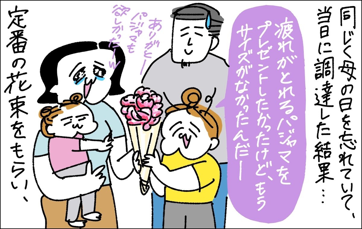 2コマ目の画像。長女から花束を受け取る主人公