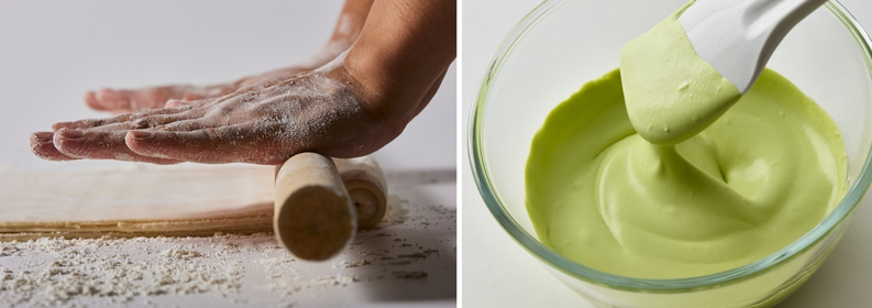 生地をつくる様子と抹茶生クリームの写真を並べた画像