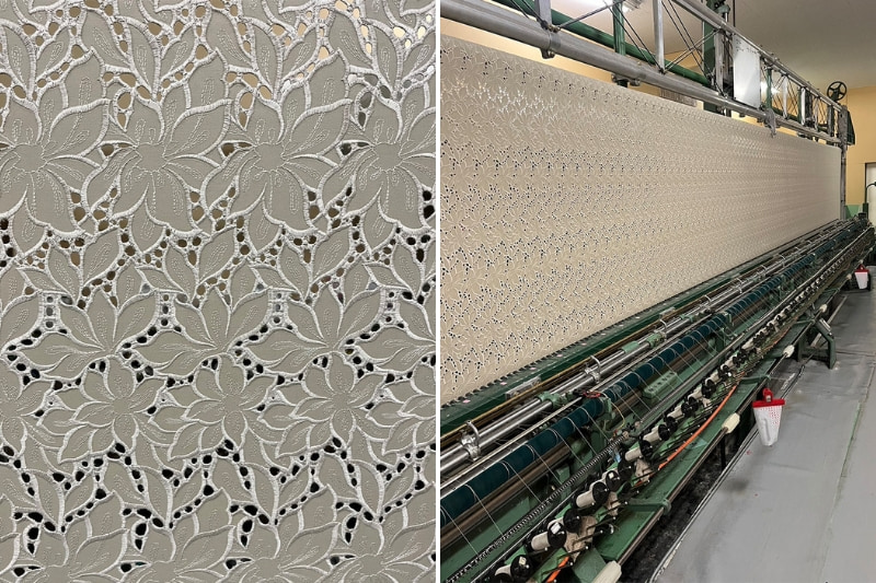 コートの生地と生地をつくる機械の写真