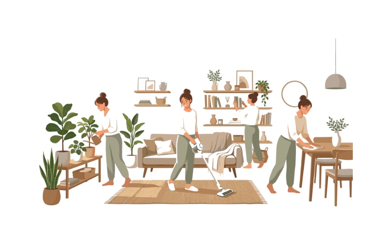部屋の掃除をする女性