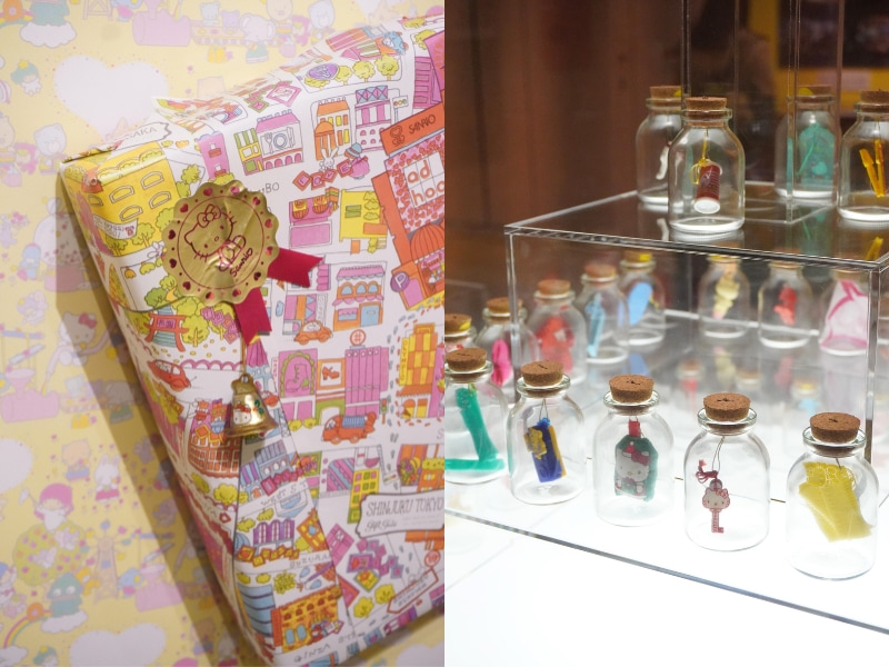 瓶に入ったチャームと昔の包装紙の写真を並べた画像