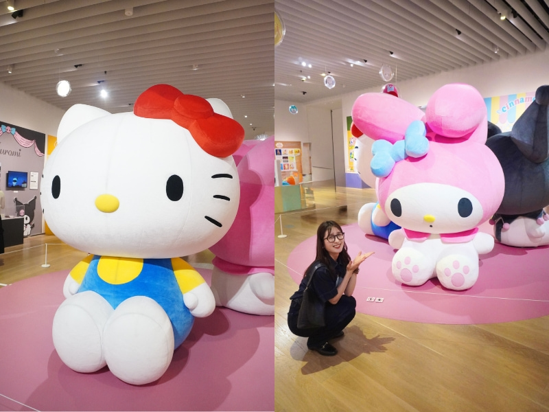 キティとマイメロディの大きなぬいぐるみの写真を並べた画像