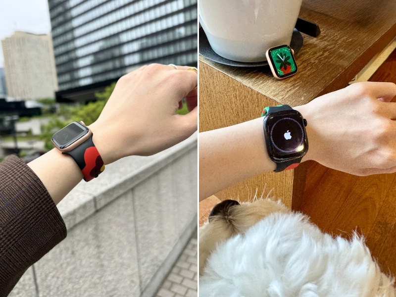 花柄バンドのAppleウォッチの着用写真を2枚並べた画像