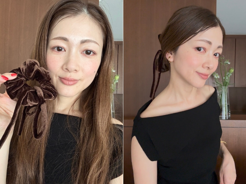 シュシュを持った浅野さんとアレンジ後の写真