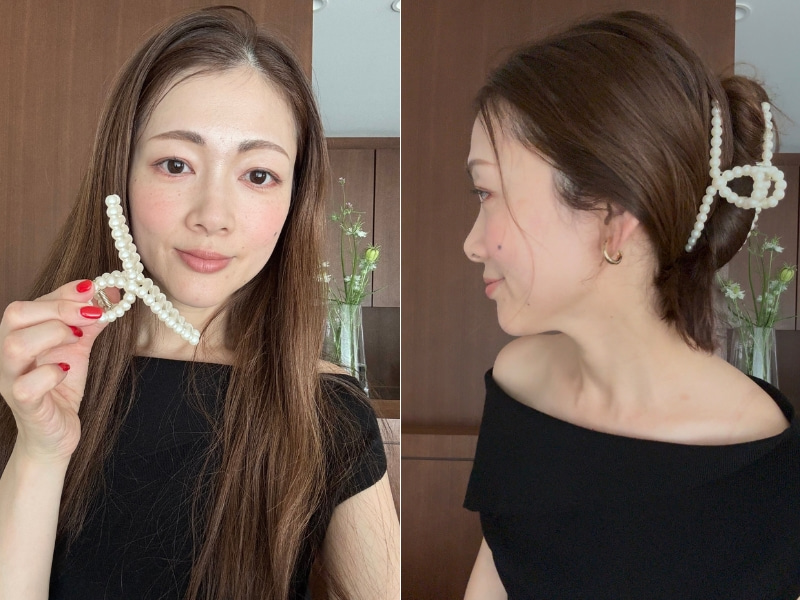 パール風クリップを持った浅野さんとアレンジ後の浅野さんの写真を並べた画像