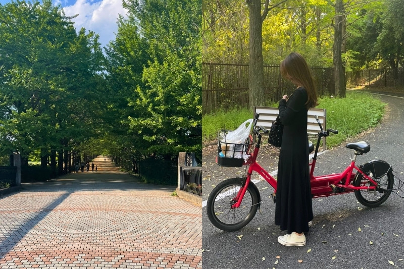公園のレンガの道の写真と自転車を支えている松山さんの写真