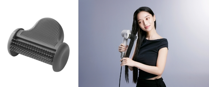 ブラシモードのアタッチメントの写真と、実際に髪に当てているモデルの写真