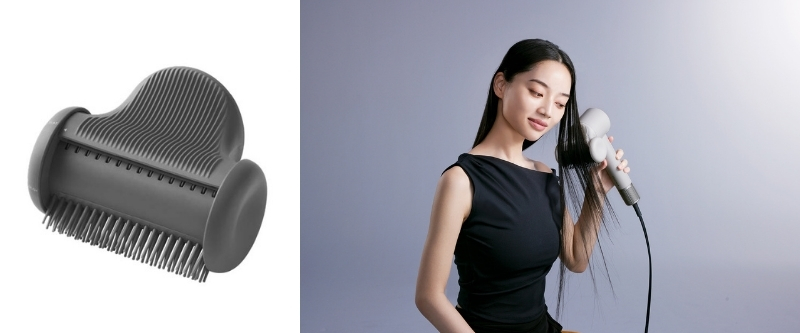 フラットモードのアタッチメントの写真と、実際に髪に当てているモデルの写真