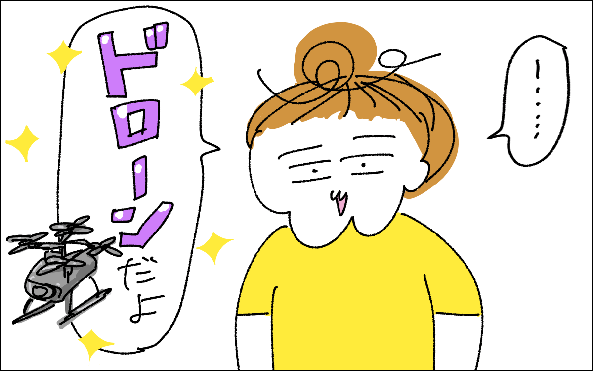 4コマ目。少しの間をおいて「ドローンだよ」と答える娘