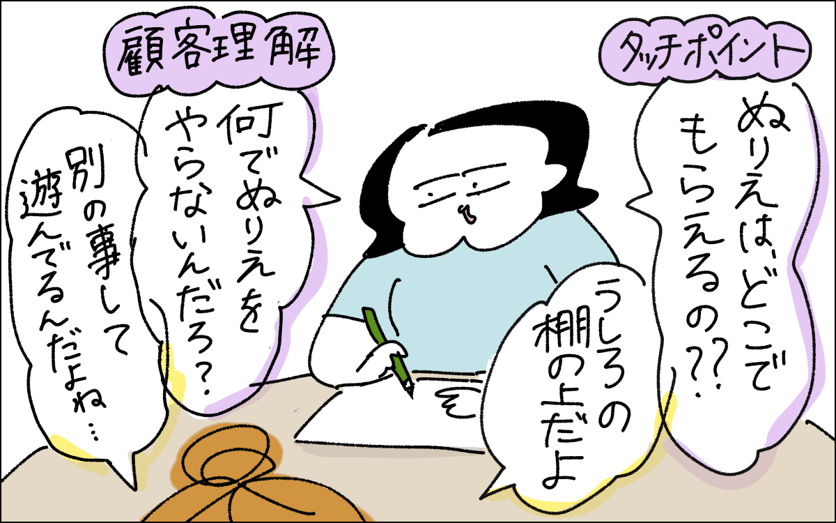 2コマ目。ママが仕事モードに。タッチポイントとして「ぬりえはどこでもらえるの？」や顧客理解のため「何でぬりえをやらないんだろう？」といった質問をするママ。