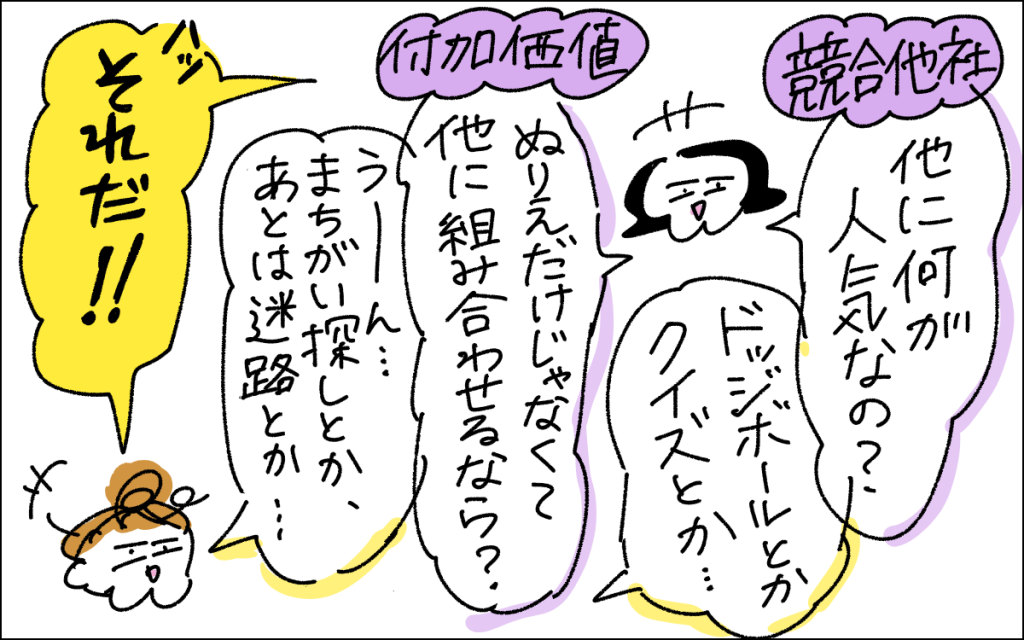 3コマ目。競合他社について「他に何が人気なの？」・付加価値について「ぬりえだけじゃなくて他に組み合わせたら？」といった話をするママ。