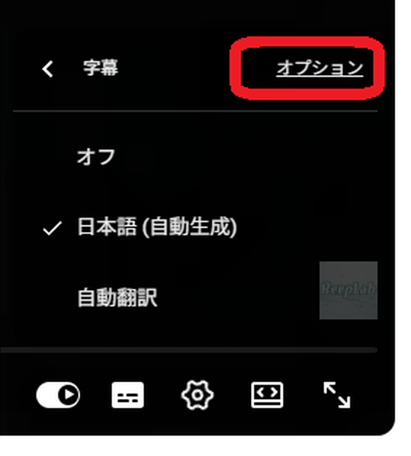 YouTube動画下の設定ボタンから字幕設定を選択した画面