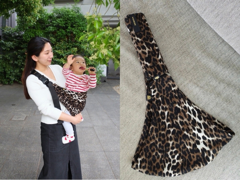アクティブキャリーの写真と、実際に装着して娘さんを抱っこしている福島さんの写真を並べた画像