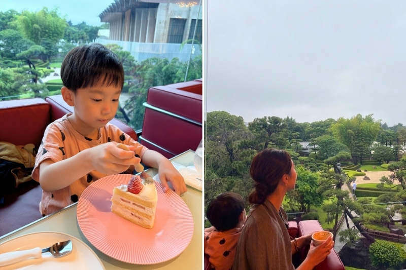 ケーキを食べる息子さんと外を眺める親子の写真