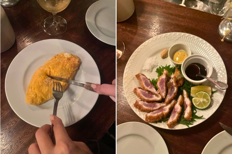 オムレツと肉料理の写真