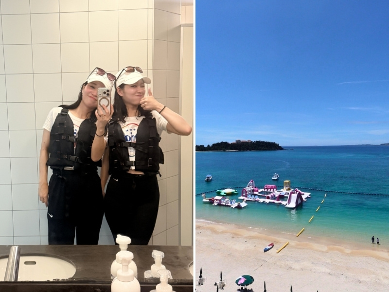 海に浮かんだ遊具と、パラセーリングに臨む際の写真を並べた画像