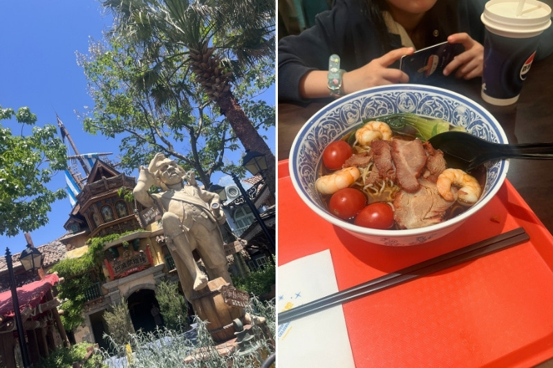建物と麵料理の写真