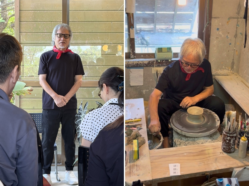 玉田さんのお話の様子と、轆轤を回している様子の写真