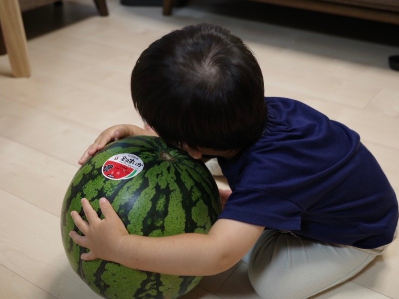 すいかを抱える男の子