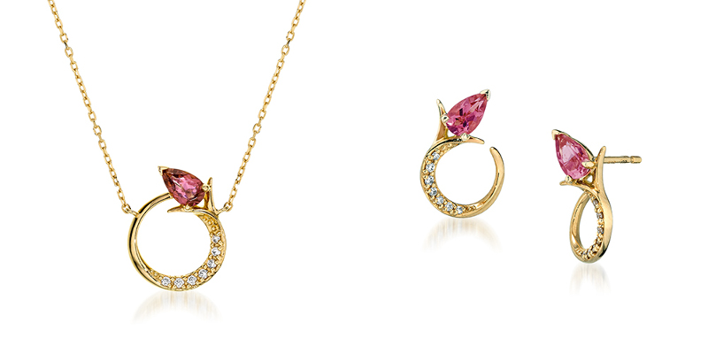 K18YG ピンクトルマリン/ダイヤモンドネックレス¥176,000、ピアス¥176,000