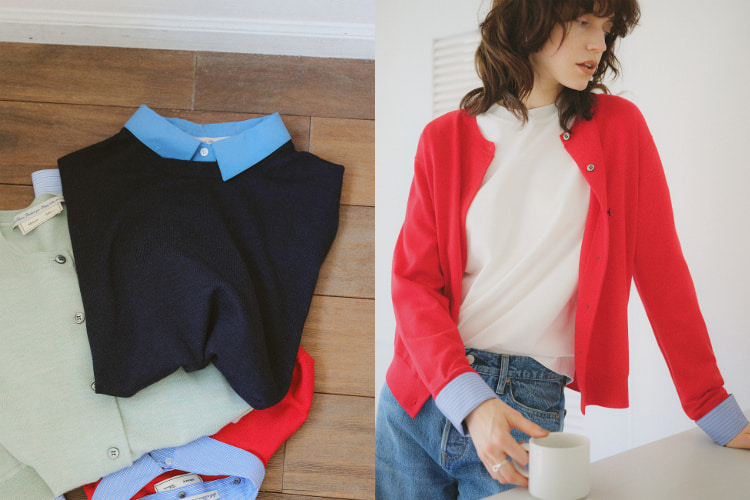 Shirt Fabric Combination Crew Neck Knit Pullover、Shirt Fabric Combination Crew Neck Knit Cardigan